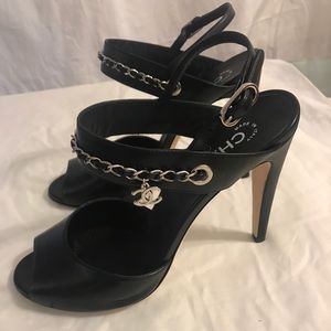 Chanel black leather pumps strappy heels NEW 40